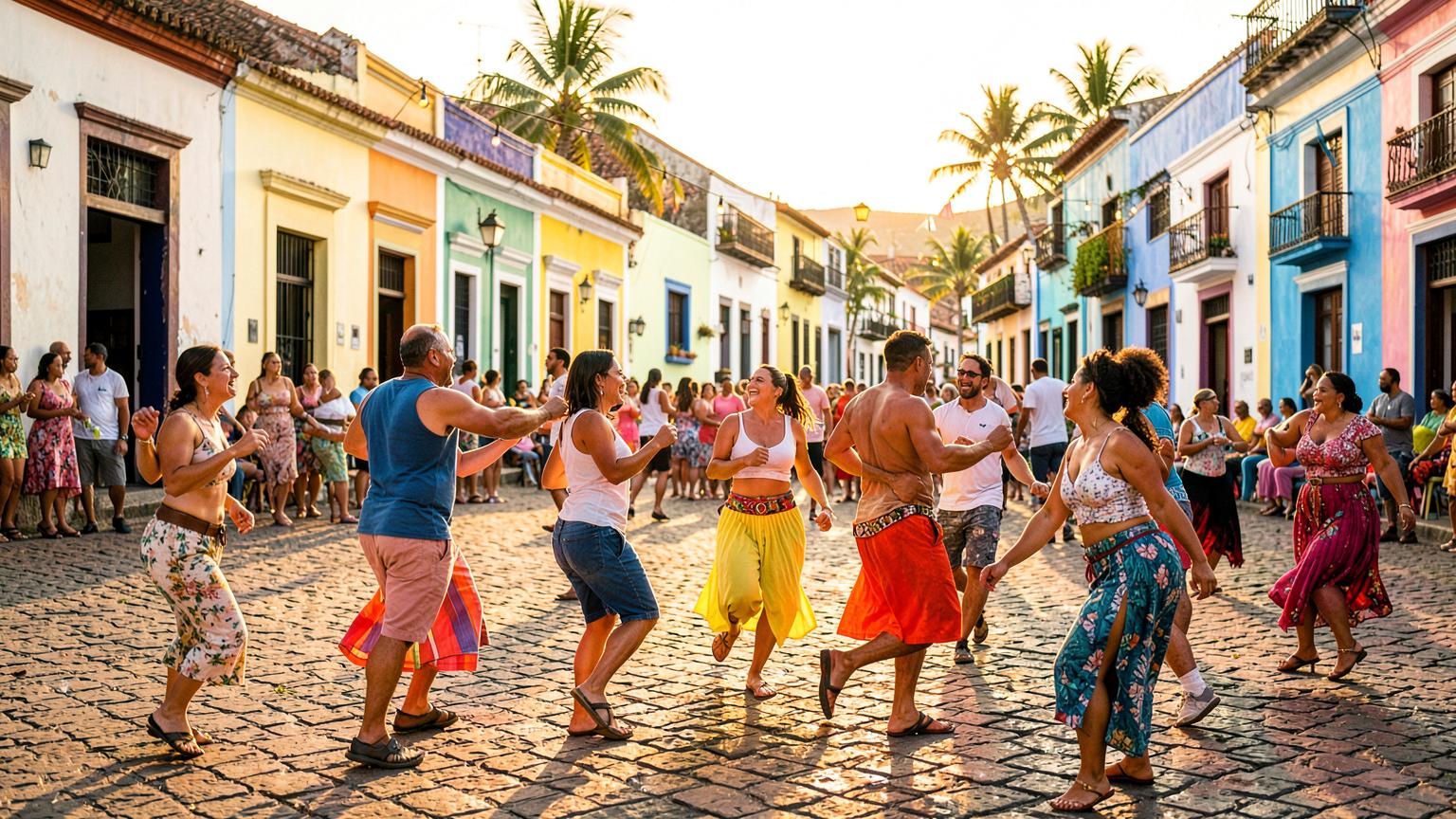 Grupo bailando en una calle colonial de colores en República Dominicana