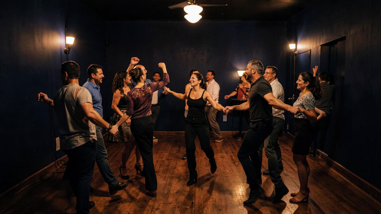 Parejas bailando salsa y bachata en una clase grupal de CBS Dance Studio en Santiago